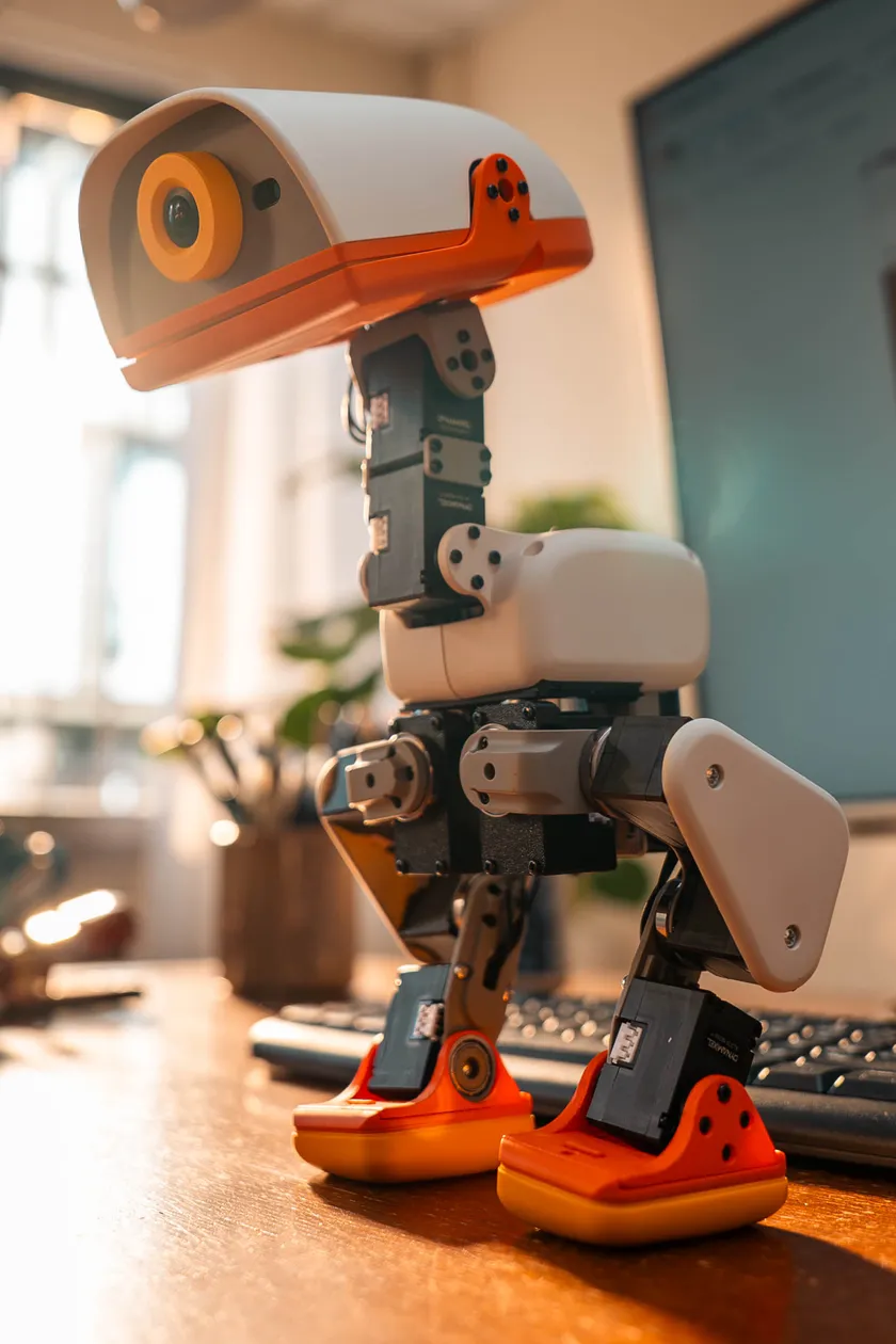A Microduck in profile: a white rounded head with an orange camera eye, servos chained down the neck and legs, orange feet, standing on a desk.